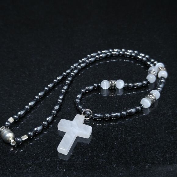Cross Beaded Necklace, Gemstone Beads Cross, 19 Inches, Magnetic Clasp - Picture 2 of 8